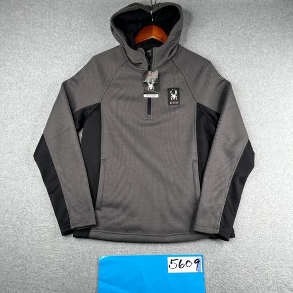 Spyder Polar Hoodie Sweatshirt Small Gray Black 1/2 Zip Pockets Pullover New
